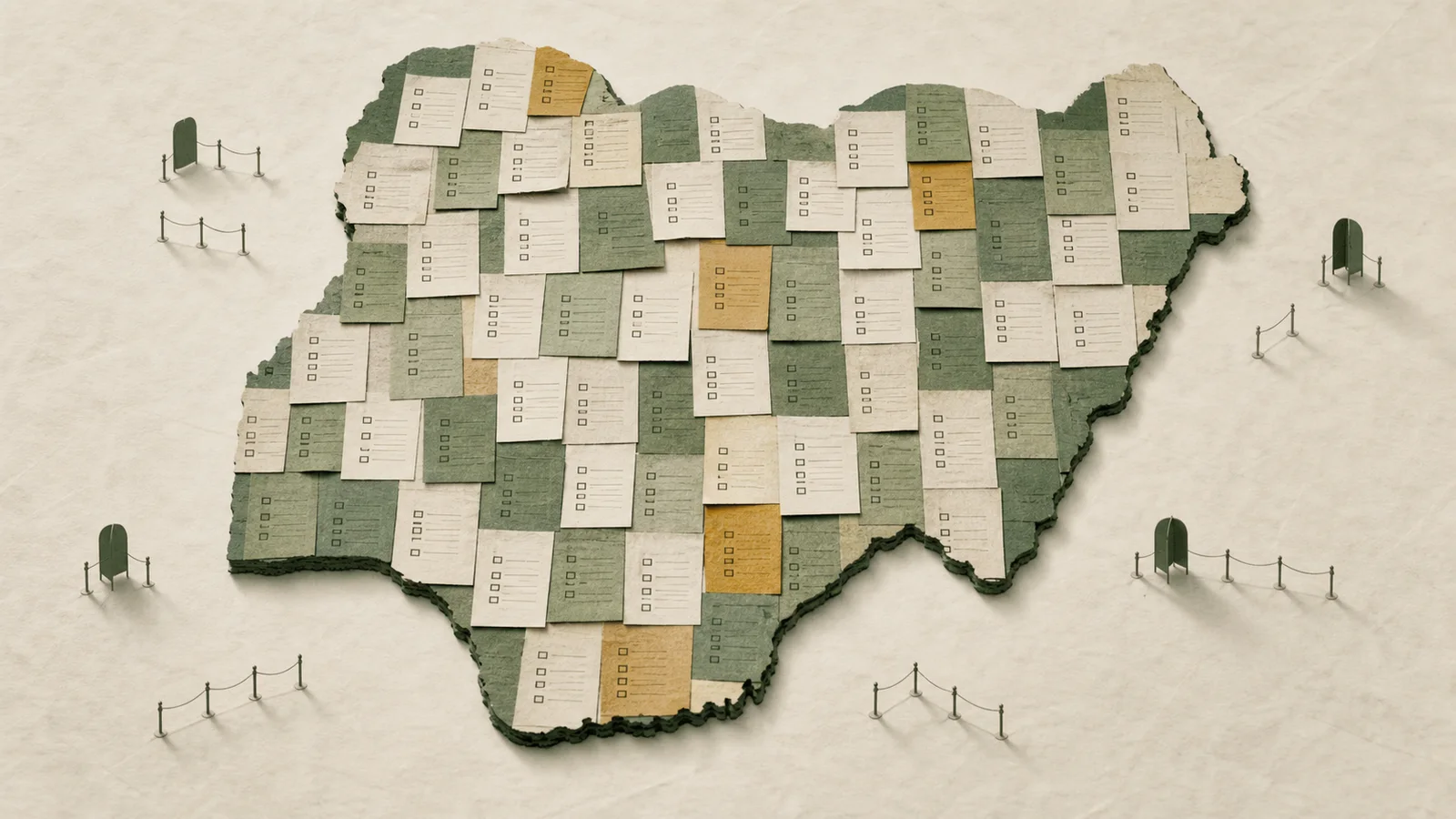 Editorial illustration of Nigeria assembled from ballot-paper tiles